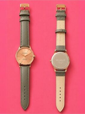 Women's Classic Gray Leather Strap Watch with Rose Gold Dial